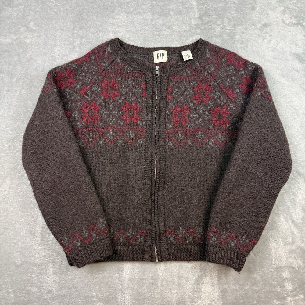 Vintage 90s GAP Wool Nordic Fair Isle Zip Cardigan Sweater Large Brown